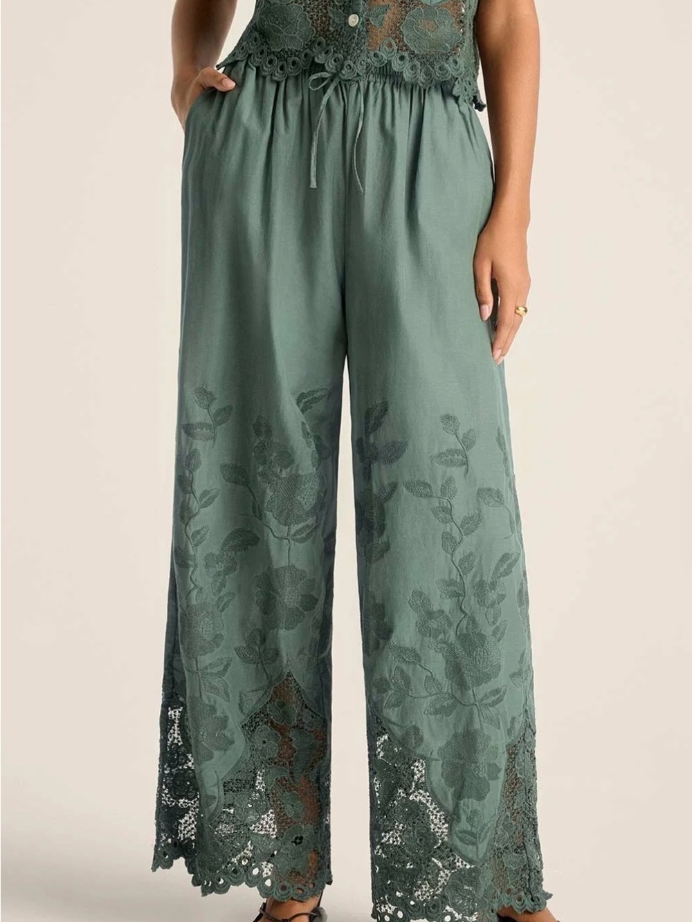 Vitamin A Sage Green Wide-Leg Embroidered Lace Hem Pants